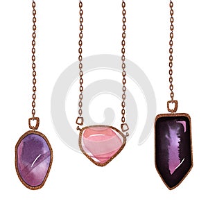 Set of isolated watercolor pendants on a white background. Illustration of necklaces with gold chains and precious