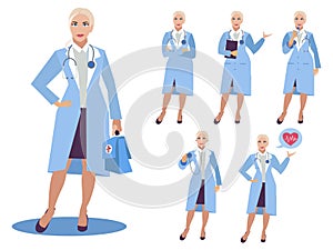 Set, isolated on white background woman doctor. Different poses, tools. Cartoon vector flat