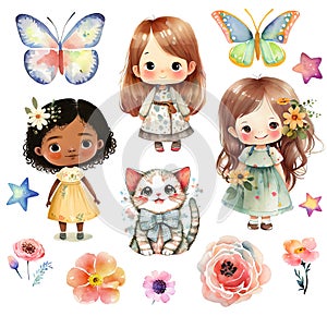 Set of isolated on white cute cartoon little girls, flowers, cat and butterflies. Watercolor painting style. Generative AI