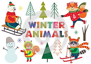 Set of isolated winter fun with animals part 1