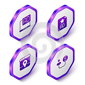 Set Isometric Advertising, Infographic of city map and Human and money icon. Purple hexagon button. Vector