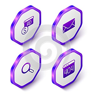 Set Isometric Advertising, Mail and e-mail, Magnifying glass and Page with 404 error icon. Purple hexagon button. Vector