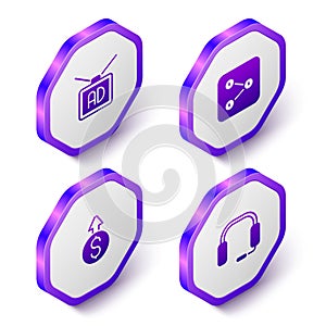 Set Isometric Advertising, Share, Financial growth dollar and Headphones icon. Purple hexagon button. Vector