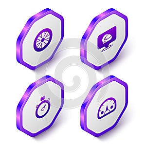 Set Isometric Alloy wheel for car, Racing helmet, Stopwatch and Speedometer icon. Purple hexagon button. Vector