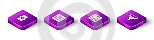 Set Isometric Artificial intelligence AI, Binary code, Neural network and Funnel filter icon. Vector
