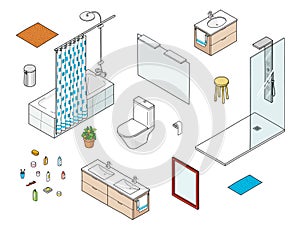 Set of isometric bathroom elements including shower, bathtube, mirror, washbasin