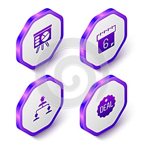 Set Isometric Board with graph, Calendar, Employee hierarchy and Deal icon. Purple hexagon button. Vector