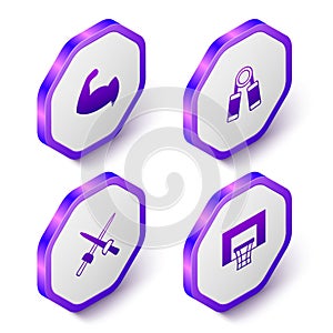 Set Isometric Bodybuilder showing his muscles, Sport expander, Fencing and Basketball backboard icon. Purple hexagon