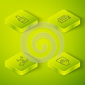 Set Isometric Brush for cleaning, Washing hands with soap, Cleaning service and Bottle agent icon. Vector