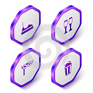 Set Isometric Bumper car, Bowling pin, Festive mask and Popcorn cardboard box icon. Purple hexagon button. Vector