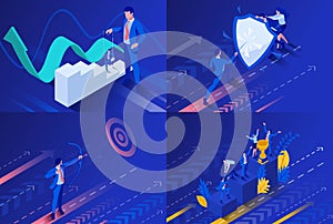 Set Isometric business concept control a puppet, protection the shield, aiming the target, start right now. To create web applica