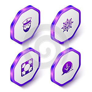 Set Isometric Captain of ship, Ship steering wheel, Lifebuoy and Anchor icon. Purple hexagon button. Vector