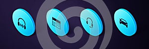 Set Isometric Car, Headphones with microphone, Calendar and and sound waves icon. Vector