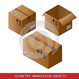 Set of isometric cardboard boxes isolated on white background.