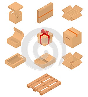 Set of isometric cardboard boxes and pallet