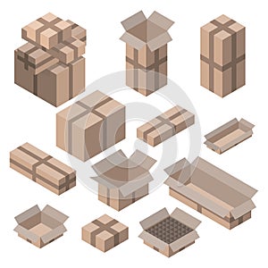 Set of isometric cardboard boxes on white.