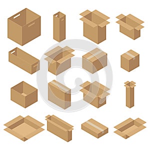 Set of isometric carton packaging boxes. Closed and open cardboard box.