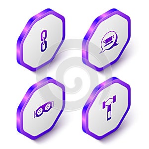 Set Isometric Chain link, Blacksmith anvil tool, Welding glasses and Hammer icon. Purple hexagon button. Vector