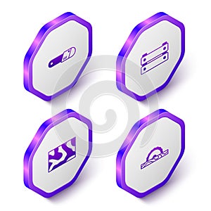 Set Isometric Chainsaw, Wooden box, beam and Electric circular icon. Purple hexagon button. Vector