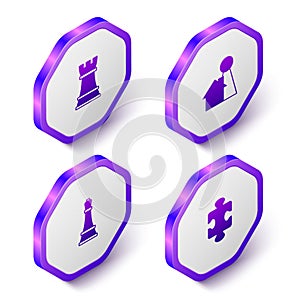 Set Isometric Chess, Chip for board game, and Puzzle pieces toy icon. Purple hexagon button. Vector
