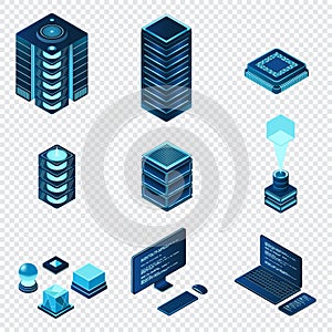 Set of isometric computer technology. Isometric set server equipment. Technology isometric icons. Digital technology items. Vector