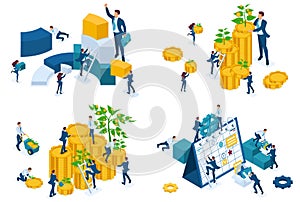 Set isometric concept Businessmen invest money, grow money, are engaged in planning and analysis. To create web applications