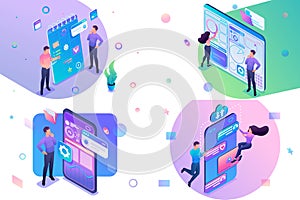 Set of isometric concepts business planning, create dashboard, mobile app, social network. For Concept for web design