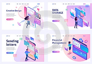 Set of isometric concepts. Financial management, data storage, sending letters, creative design. For Landing page concepts and web