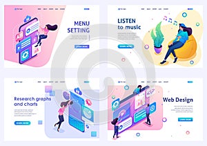 Set of isometric concepts menu setting, web design, listen to music, data analysis. For Landing page concepts and web design