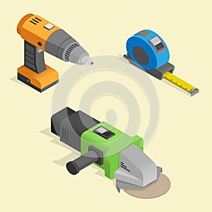 A set of isometric construction tools. Screwdriver, steel tape, angle grinder.