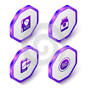 Set Isometric Cookbook, Jam jar, Food ordering on mobile and Banner for bio icon. Purple hexagon button. Vector