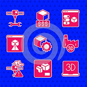 Set Isometric cube, 3D printer, Printing house industry, warning, and wrench spanner icon. Vector