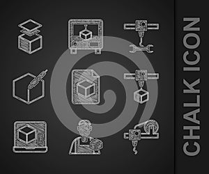 Set Isometric cube file, Graphic designer, 3D printer, 3d pen tool, wrench spanner and Layers icon. Vector