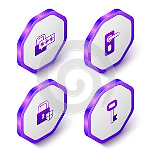 Set Isometric Cyber security, Fingerprint door lock, Shield with and Old key icon. Purple hexagon button. Vector