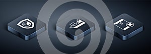 Set Isometric Delivery security with shield, Delete envelope and Cargo ship boxes delivery icon. Vector