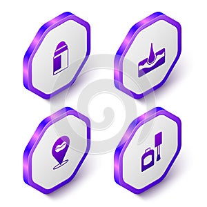 Set Isometric Deodorant roll, Human hair follicle, Smiling lips and Bottle of nail polish icon. Purple hexagon button