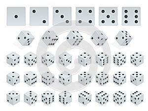 Set of isometric dice combination. White poker cubes vector isolated.