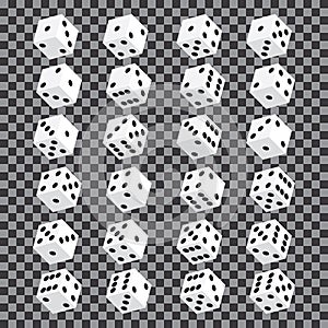 A set of isometric dice. Twenty-four variants loss dice on transparent background.