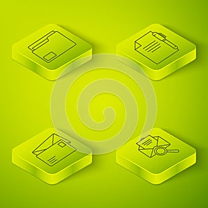 Set Isometric Document and pen, Envelope, Envelope with magnifying glass and Document folder icon. Vector