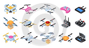 Set isometric drone, vector illustration. Wireless device with propeller, maneuverable quadrocopter. Hi-tech toy with photo