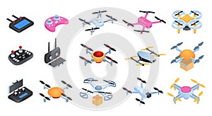 Set isometric drone, vector illustration. Wireless device with propeller, maneuverable quadrocopter. Hi-tech toy with photo