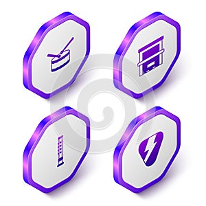 Set Isometric Drum with drum sticks, Piano, Flute and Guitar pick icon. Purple hexagon button. Vector