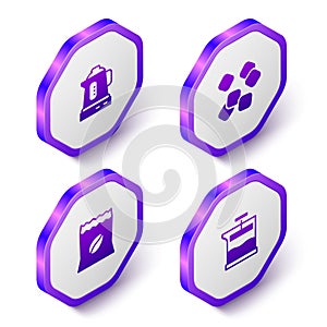Set Isometric Electric kettle, Sugar cubes, Bag of coffee beans and French press icon. Purple hexagon button. Vector