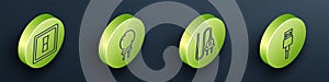 Set Isometric Electric light switch, Light emitting diode, Electric plug and USB cable cord icon. Vector