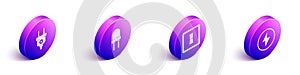 Set Isometric Electric plug, Light emitting diode, Electric light switch and Lightning bolt icon. Vector.