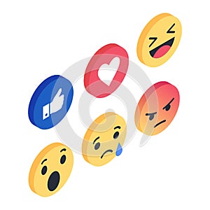 Set Isometric Emoji reactions vector like social icon. Button for expressing social smileys.