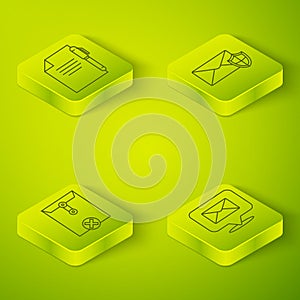 Set Isometric Envelope with shield, Delete envelope, Speech bubble with envelope and Document and pen icon. Vector