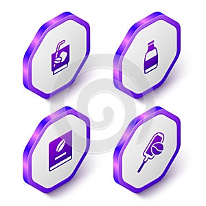 Set Isometric Espresso tonic coffee, Milk bottle, Coffee book and Spatula with grain icon. Purple hexagon button. Vector