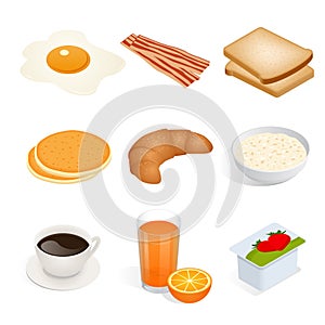 Set of isometric food scrambled eggs, yolk, breakfast, food, fast, delicious, bacon, bread, pancakes, croissant, oatmeal