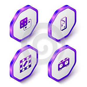 Set Isometric Game dice, Domino, Board game and Time chess clock icon. Purple hexagon button. Vector
